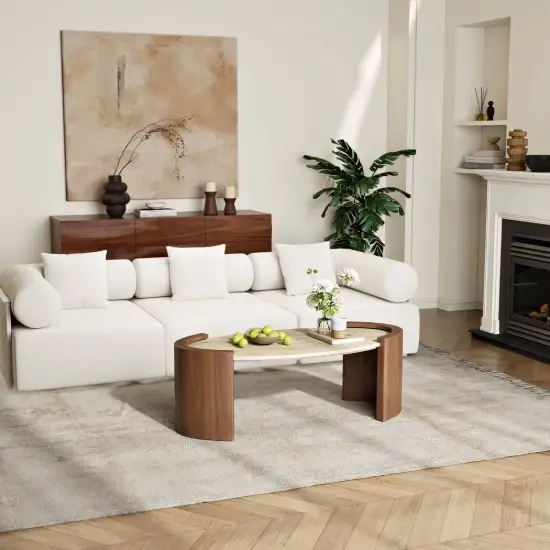 43" Japandi Oval Travertine Stone Top Coffee Table – Walnut