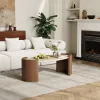 43" Japandi Oval Travertine Stone Top Coffee Table – Walnut