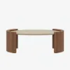 43" Japandi Oval Travertine Stone Top Coffee Table – Walnut