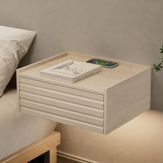 Floating Wooden Bedside Table with Light & Charging Station