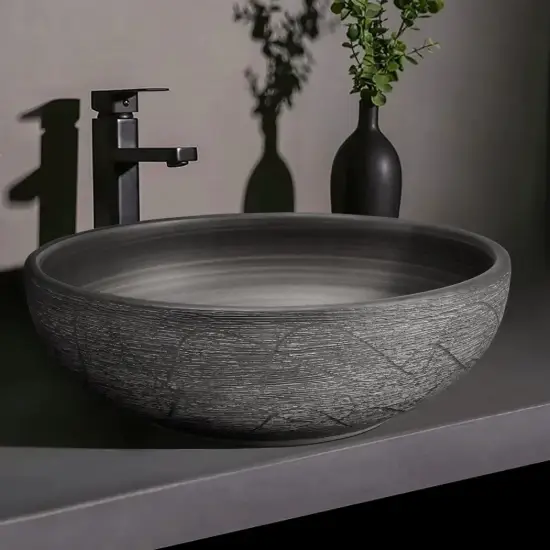 40cm Grey Round Ceramic Bathroom Sink – Matte Glazed Vessel Sink