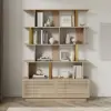 5-Tier Whitewash Bookshelf with 2 Drawers Wooden Bookcase in Gold (64.8" High)