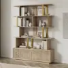 5-Tier Whitewash Bookshelf with 2 Drawers Wooden Bookcase in Gold (64.8" High)