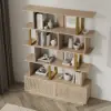 5-Tier Whitewash Bookshelf with 2 Drawers Wooden Bookcase in Gold (64.8" High)