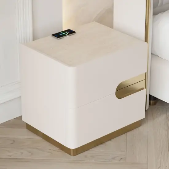 50 cm Smart 2-Drawer Bedside Table with Sintered Stone Top & Charging Station – AUD-H2557