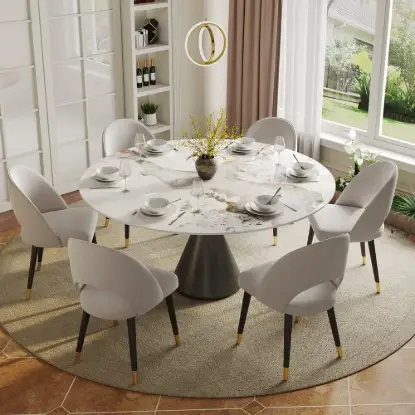 Picture of Modern 152cm Round Glossy Sintered Stone Dining Table with Black Pedestal Base, Seats 6