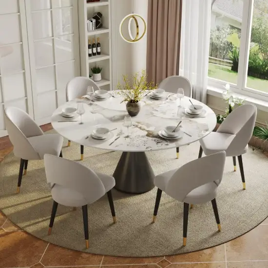 Modern 152cm Round Glossy Sintered Stone Dining Table with Black Pedestal Base, Seats 6