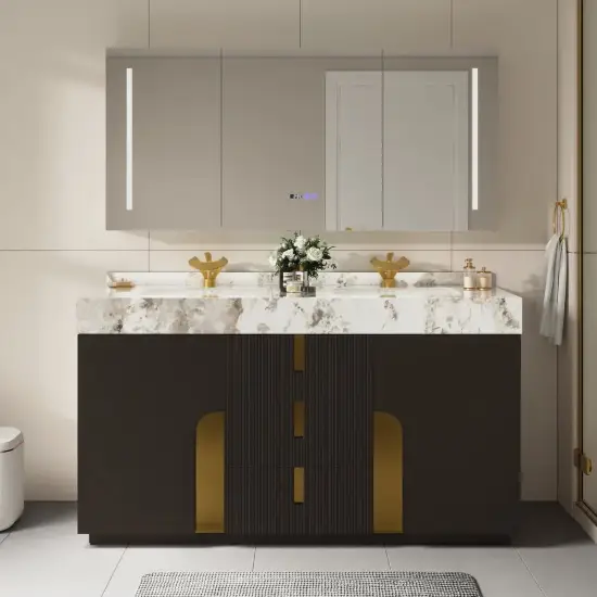 Artis 60" Double Sink Bathroom Vanity with Sintered Stone Countertop, 3 Drawers