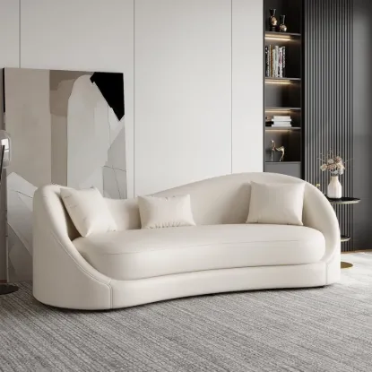 84" Performance Leather Curved Upholstered Sofa with Pillows