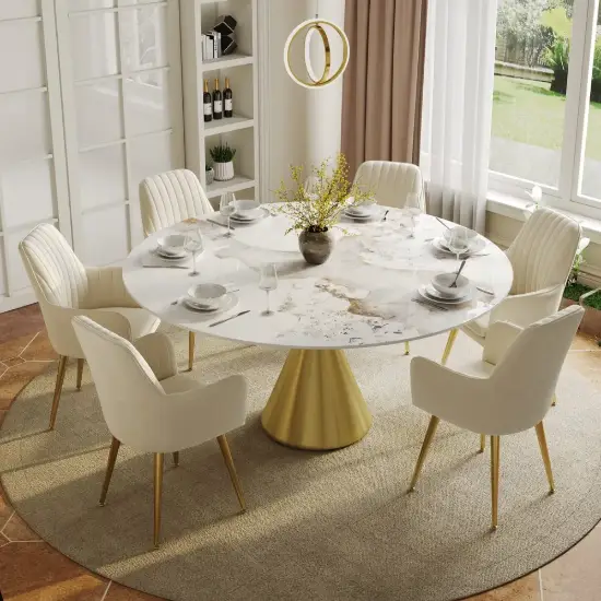 60" Round Glossy Sintered Stone Dining Table with Gold Metal Pedestal Base, Seats 6