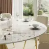 60" Round Glossy Sintered Stone Dining Table with Gold Metal Pedestal Base, Seats 6