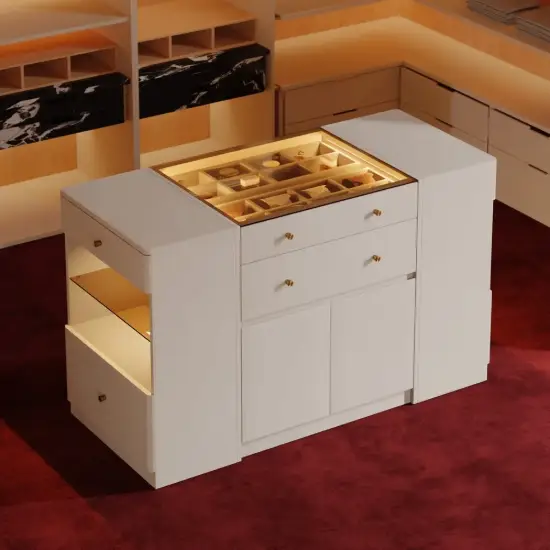 Selvo Saddle Leather Oatmeal Closet Island with Storage, Light and Jewellery Display