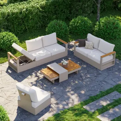 Picture of Tevara Convertible Outdoor Sectional Sofa Set with Teak & Aluminium Frame, Sand & White