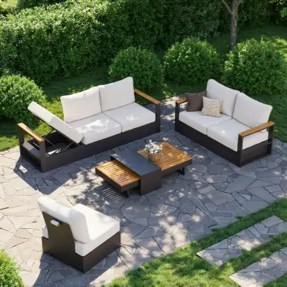 Picture of Tevara Convertible Outdoor Sectional Sofa Set with Teak & Aluminum Frame, Gray & White
