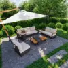 Tevara Convertible Outdoor Sectional Sofa Set with Teak & Aluminum Frame, Gray & White