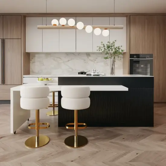 Modern 205 - 270 cm Extendable Glossy Sintered Stone Kitchen Island Storage, White & Black