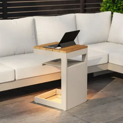 Tevara Outdoor Teak Aluminium C-Shaped Sand Side Table with Solar Light