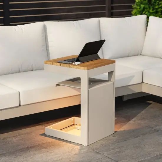 Tevara Outdoor Teak Aluminium C-Shaped Sand Side Table with Solar Light