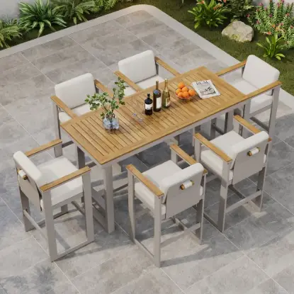 Tevara Teak Outdoor Bar Setting with Sand-Toned Frame & Warm White Cushions