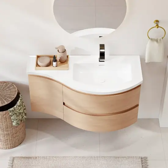 35" Floating Single Curved Bathroom Vanity with Sink & Storage, Set of 2 – Natural – AUD-H2614