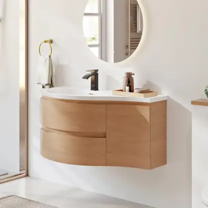 35" Floating Single Curved Bathroom Vanity with Sink & Storage, Set of 2 – Natural – AUD-H2615