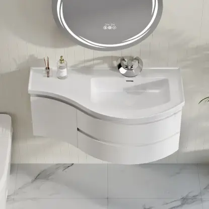 35" Floating Single Curved Bathroom Vanity with Sink & Storage, Set of 2 – White