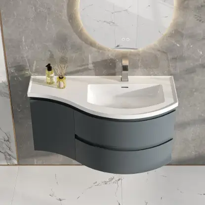 35" Floating Single Curved Bathroom Vanity with Sink & Storage, Set of 2 – Grey