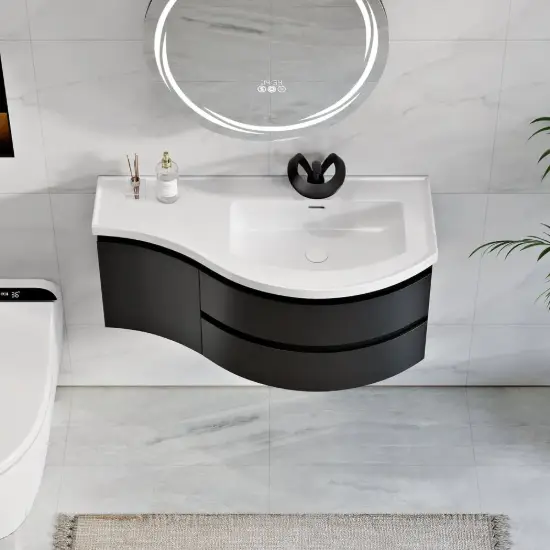 35" Floating Single Curved Bathroom Vanity with Sink & Storage, Set of 2 – Black