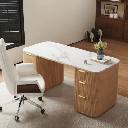 Modern White Ash Wood Rectangle Desk & Reclining Leather Office Chair (63.8")