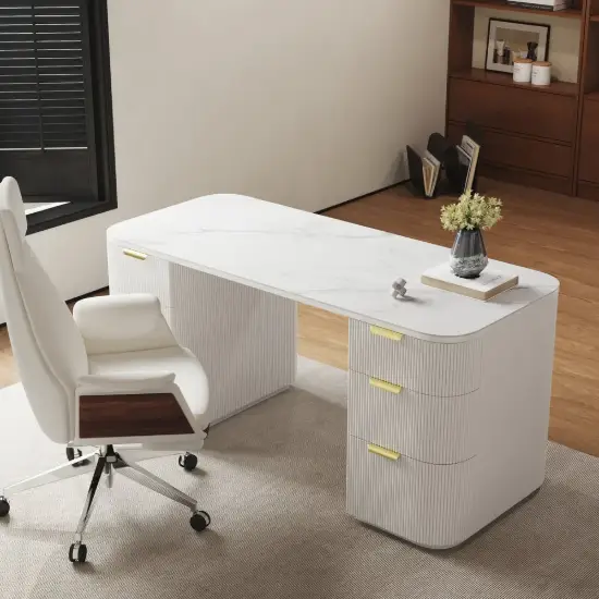Modern White Ash Wood Rectangular Desk & Reclining Leather Office Desk Chair (63.8")
