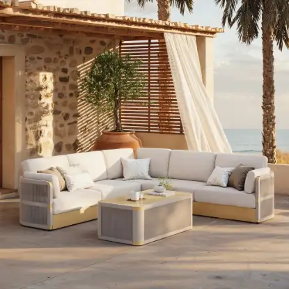 Picture of Costra Handwoven Rope L-Shaped Outdoor Sofa with Coffee Table in Ivory