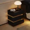 Humply Black Faux Leather 3-Drawer LED Nightstand with Charging Station, Set of 2