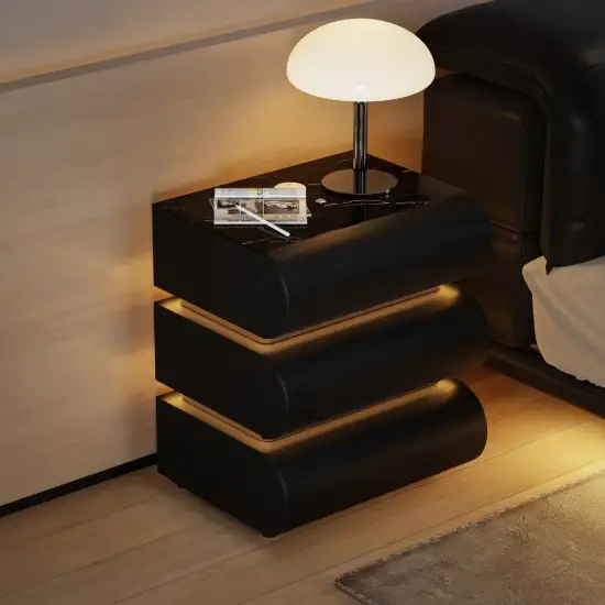 Humply Black Faux Leather 3-Drawer LED Nightstand with Charging Station, Set of 2