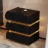 Humply Black Faux Leather 3-Drawer LED Nightstand with Charging Station, Set of 2