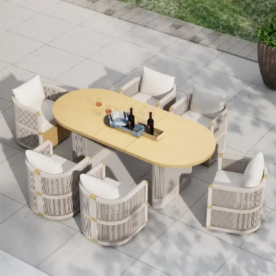 Costra Outdoor Aluminium Extendable Dining Set with 6 Woven Swivel Armchairs in Ivory