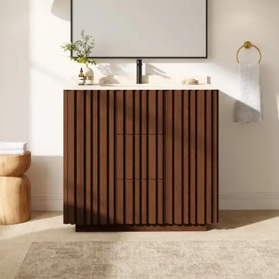 Aura 36" Fluted Freestanding Bathroom Vanity with Sink and Light