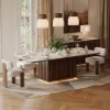 Aura 214 cm Rectangular Faux Travertine Sintered Stone Dining Table with LED Lighting，Fluted Base, Seats 8