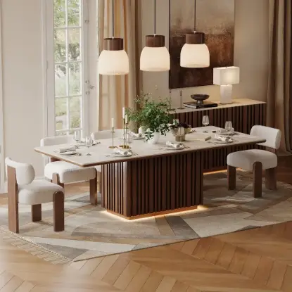 Aura 214 cm Rectangular Faux Travertine Sintered Stone Dining Table with LED Lighting，Fluted Base, Seats 8
