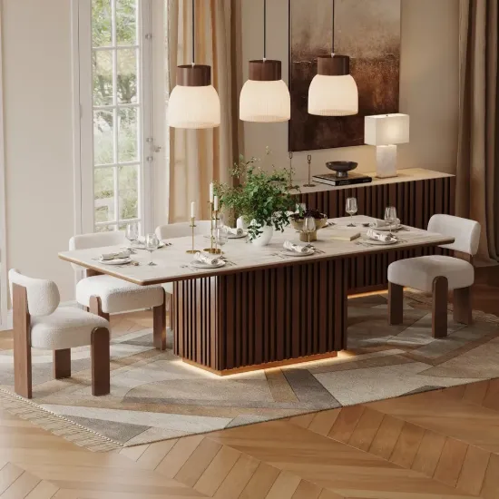Aura 214 cm Rectangular Faux Travertine Sintered Stone Dining Table with LED Lighting，Fluted Base, Seats 8