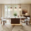 Aura 214 cm Rectangular Faux Travertine Sintered Stone Dining Table with LED Lighting，Fluted Base, Seats 8