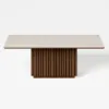 Aura 214 cm Rectangular Faux Travertine Sintered Stone Dining Table with LED Lighting，Fluted Base, Seats 8