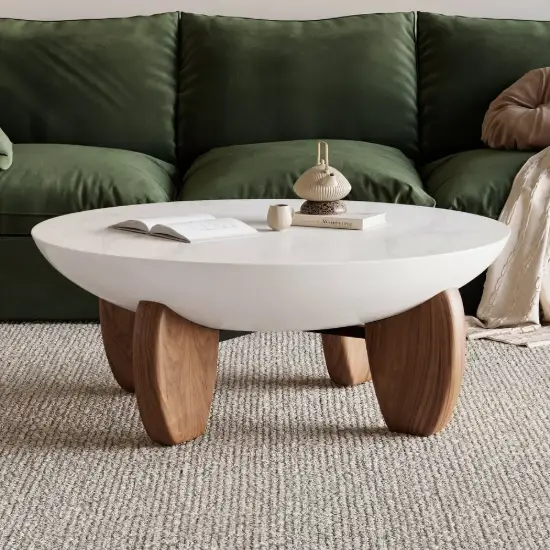 Curva 37" Round Concrete-Look Fiberglass Coffee Table with Wood Legs – White