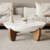 Curva 37" Round Concrete-Look Fiberglass Coffee Table with Wood Legs – White