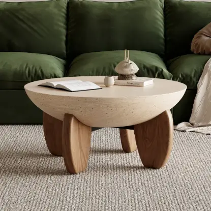 Picture of Curva 30" Round Concrete-Look Fiberglass Coffee Table with Wood Legs – Beige – Walnut – 76cm