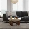 Picture of Curva 30" Round Concrete-Look Fiberglass Coffee Table with Wood Legs – Beige – Walnut – 76cm