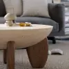 Picture of Curva 30" Round Concrete-Look Fiberglass Coffee Table with Wood Legs – Beige – Walnut – 76cm