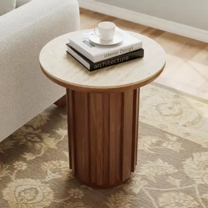 Aura Ash Wood Fluted Walnut Round Side Table with Sintered Stone Top