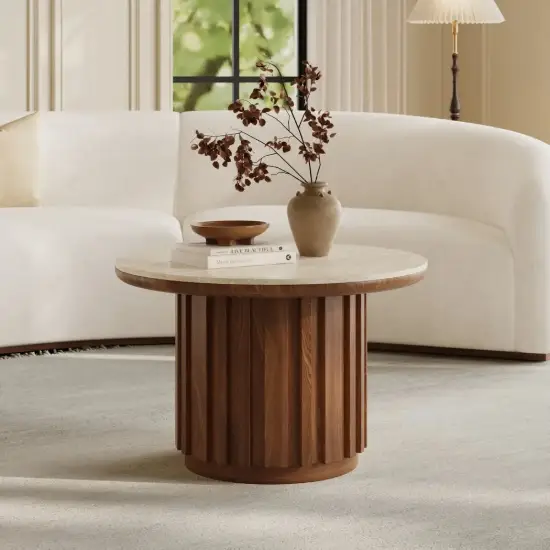 Aura Ash Wood Slatted Round Coffee Table with Sintered Stone Top – Walnut