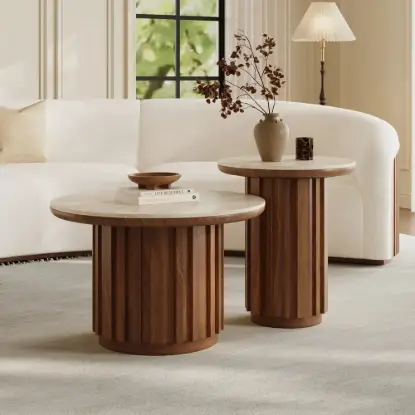 Picture of Aura 2 Piece Set Ash Wood Slatted Round Coffee Table with Sintered Stone Top ( 50 - 70 cm )