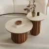 Aura 2 Piece Set Ash Wood Slatted Round Coffee Table with Sintered Stone Top ( 50 - 70 cm )
